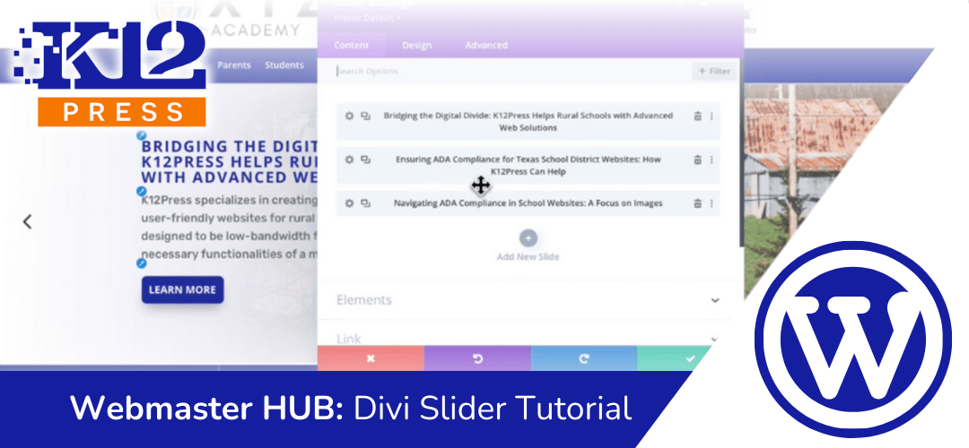 Screenshot of the Divi Visual Builder Slider module used on a K12Press school website