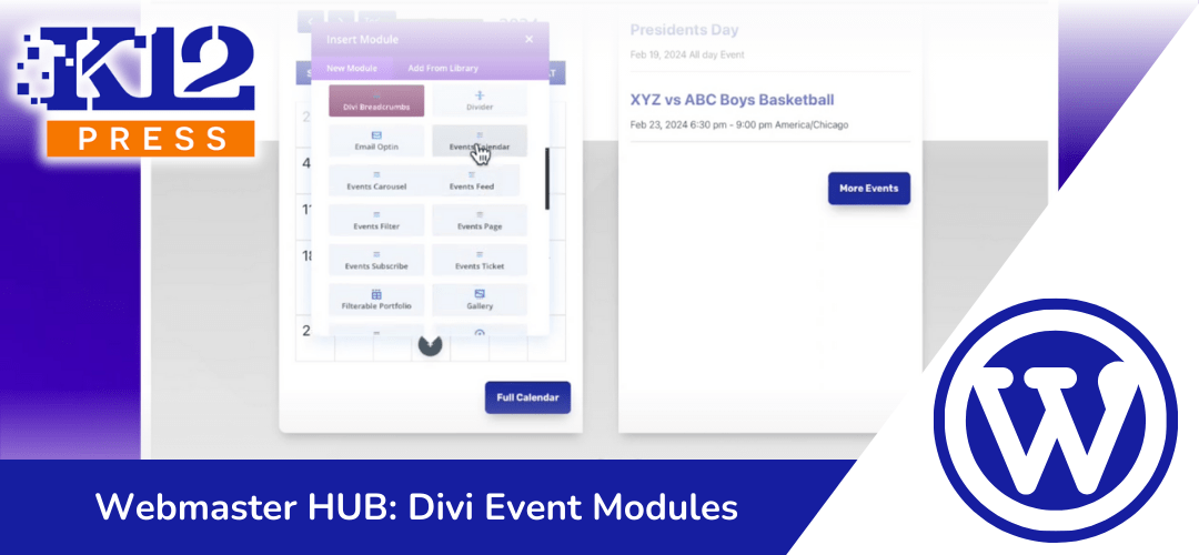 K12Press Webmaster HUB: Adding and Editing Divi Event Calendar Modules