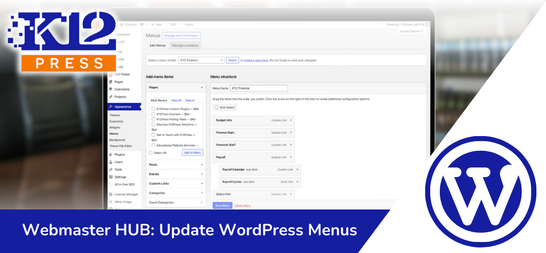 K12Press Webmaster HUB: How to Update Your WordPress Menu with K12Press