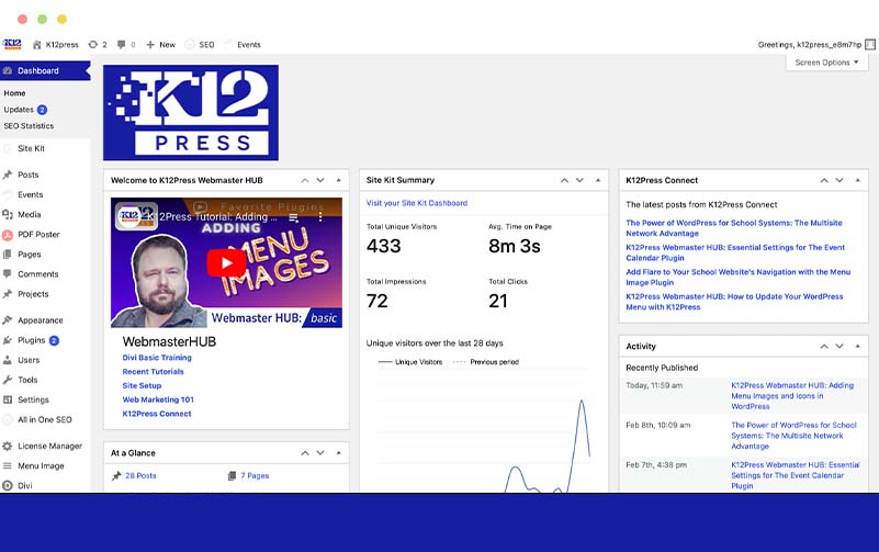 K12Press WordPress Solution Screenshot of The K12Press admin Dashboard.