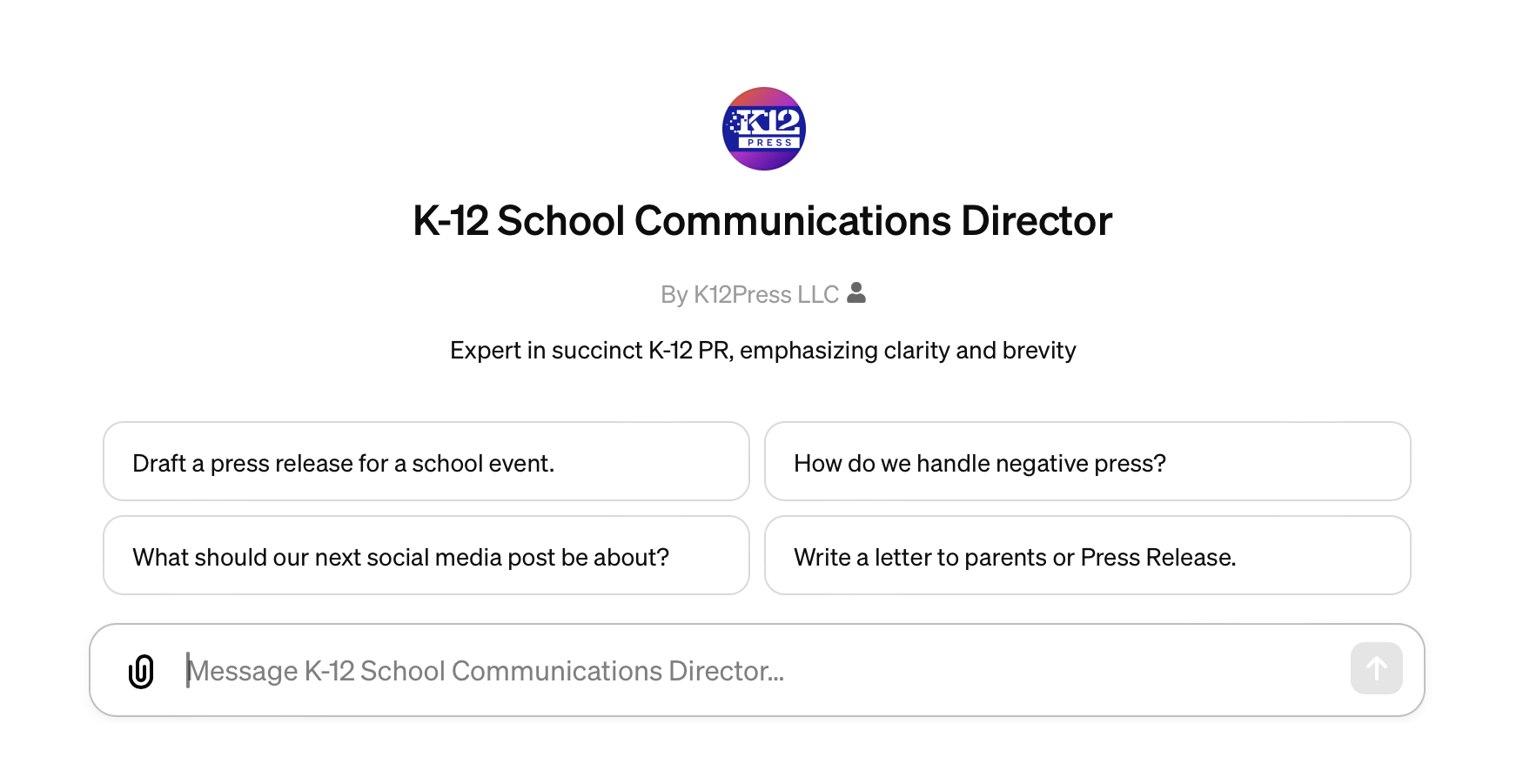 K12Press AI GPT k-12 School PR Communications Director user interface on Openai.com